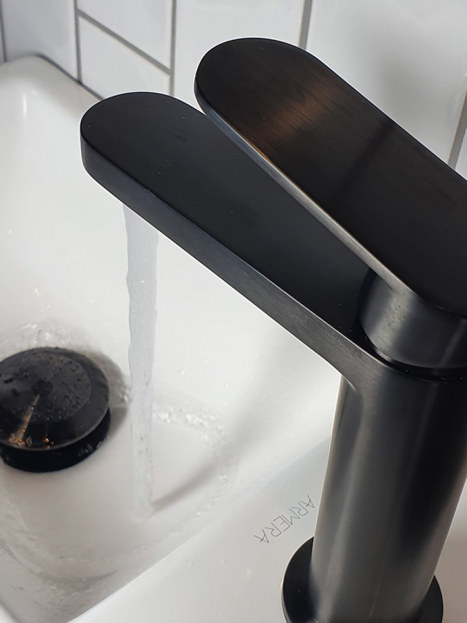 Aeres single lever monobasin mixer in brushed black.