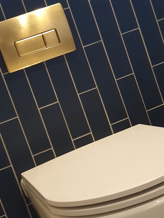 Lagoon back to wall WC, Bank flush plate in brushed gold.