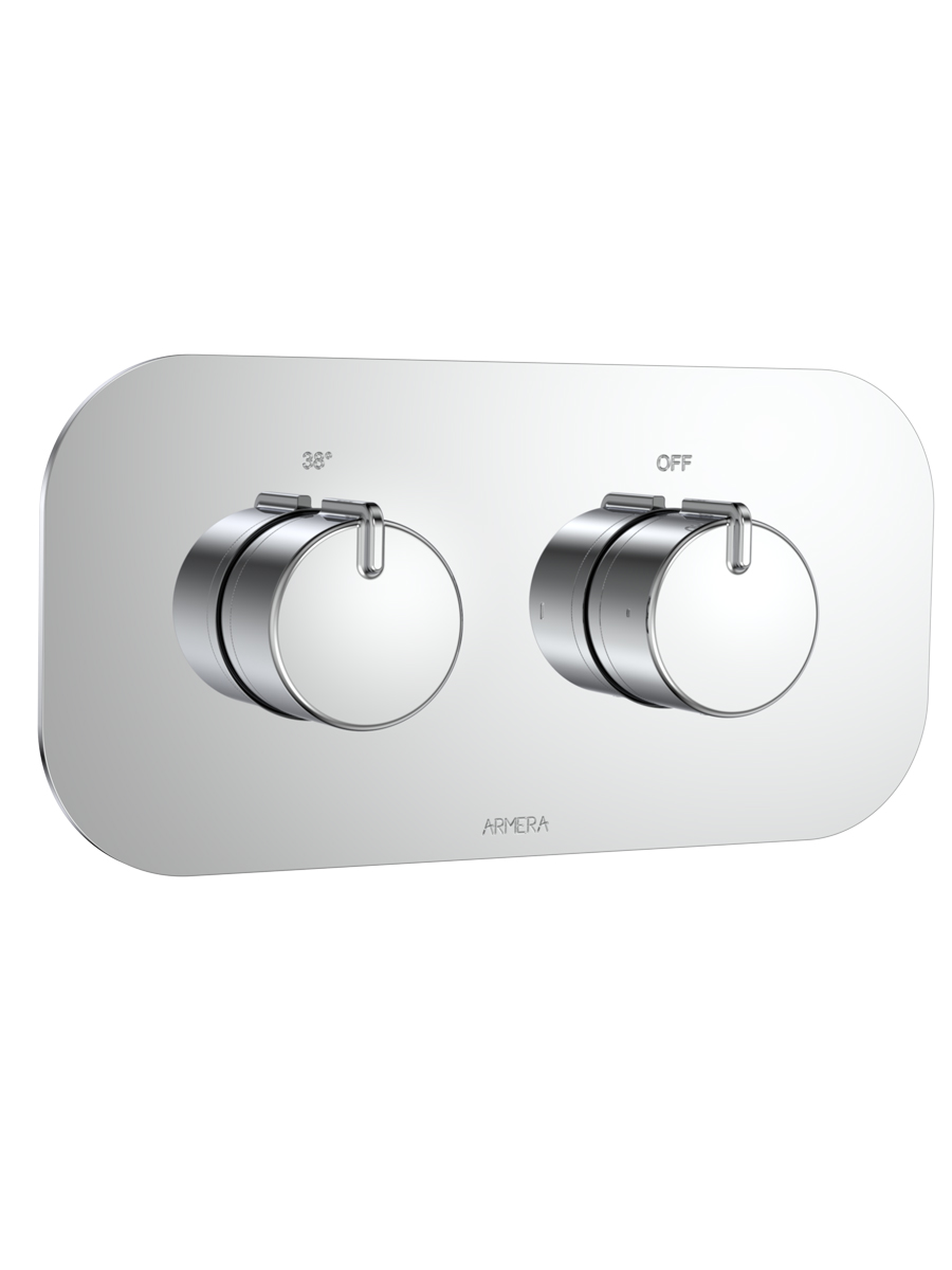Pivot round horizontal concealed 2 outlet thermostatic valve