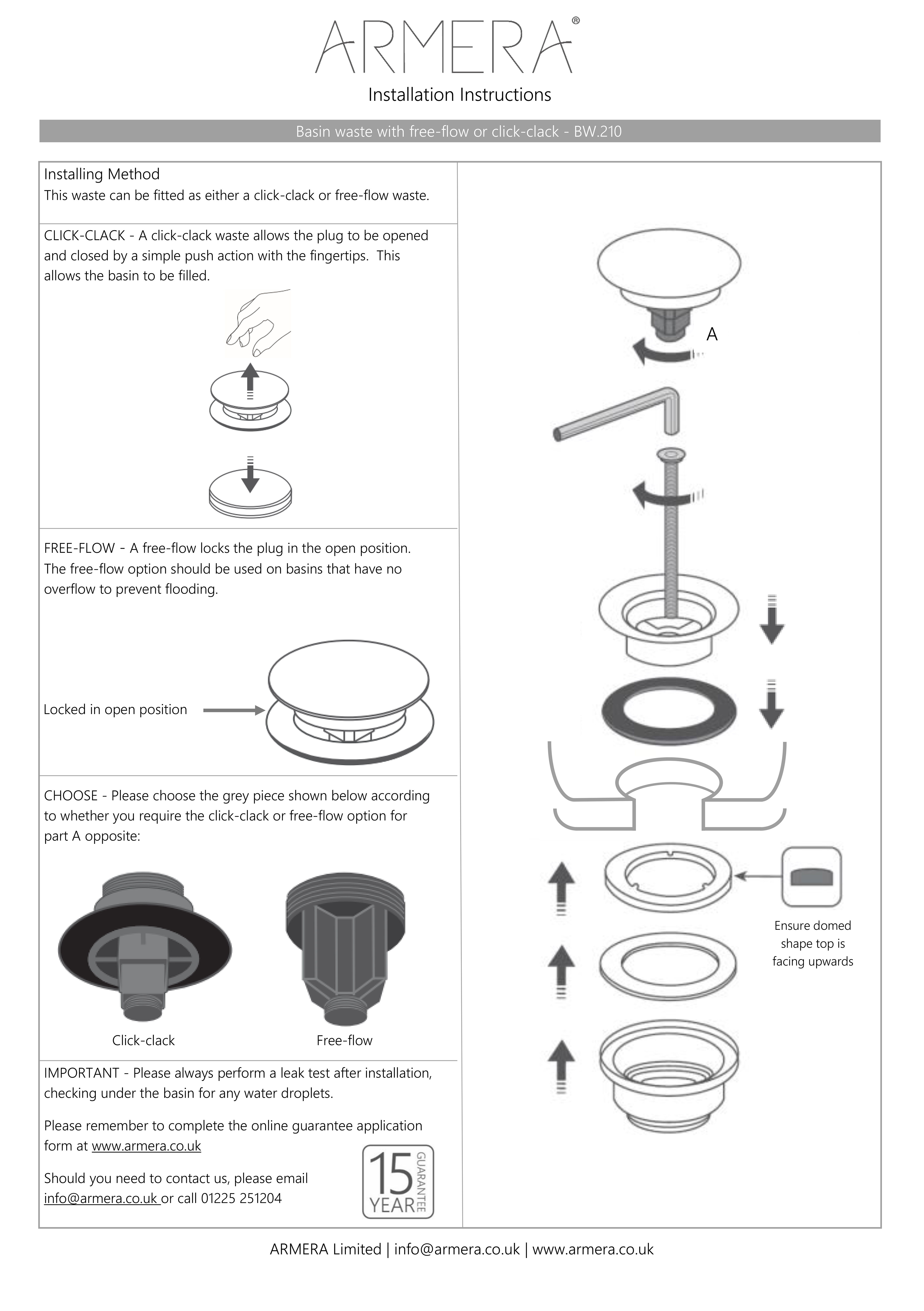 BW.210 - Bath waste with free flow or click clack
